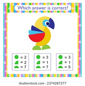 Math activity for kids. Need to find the correct answer. Cartoon parrot. Preschool worksheet activity. 