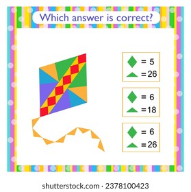 Math activity for kids. Need to find the correct answer. Cartoon kite. Preschool worksheet activity. 