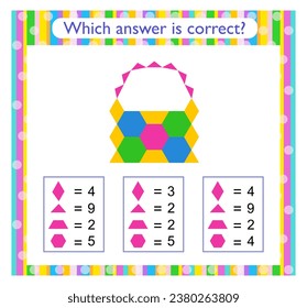 Math activity for kids. Need to find the correct answer. Cartoon wicker basket. Preschool worksheet activity. 