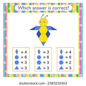 Math activity for kids. Need to find the correct answer. Cartoon bee. Preschool worksheet activity. 