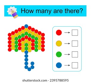 Actividad matemática para los niños. Rango de números de hasta 30. Paraguas de dibujos animados. 