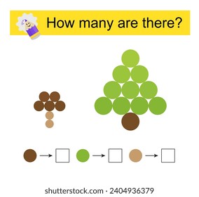 Math activity for kids. Number range up to 10. Cartoon Christmas tree and mushroom. Vector illustration