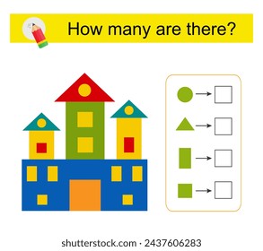 Math activity for kids. Number range up to 10. Cartoon castle.