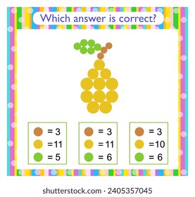 Math activity for kids. Preschool worksheet activity. Find the correct answer. Cartoon pear.  