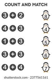 Math addition game for kids. Count and match with cute penguin. Printable worksheets.