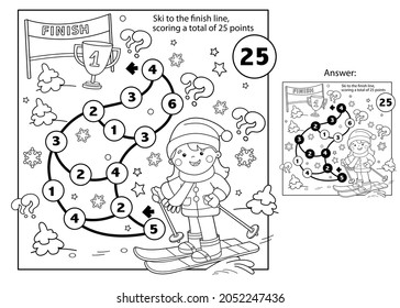 Math addition game. Puzzle for kids. Maze. Coloring Page Outline Of cartoon girl skiing. Winter sports. Coloring book for children.