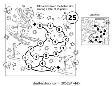 Math addition game. Puzzle for kids. Maze. Coloring Page Outline Of cartoon boy skiing. Winter sports. Coloring book for children.