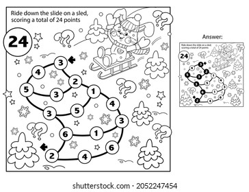 Math addition game. Puzzle for kids. Maze. Coloring Page Outline Of Cartoon happy Bunny sledding. Winter activity. Coloring book for children.