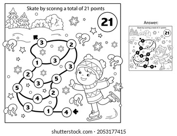 Math addition game. Puzzle for kids. Maze. Coloring Page Outline Of cartoon girl skating. Winter sports. Coloring book for children.