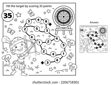 Math addition game. Puzzle for kids. Maze. Coloring Page Outline Of cartoon cheerful boy indian with bow for shooting and arrow and with target. Coloring Book for children.