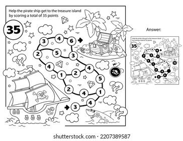 Math addition game. Puzzle for kids. Maze. Coloring Page Outline Of cartoon pirate ship with treasure island. Coloring Book for children.