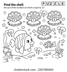 Math addition game. Puzzle for kids. Coloring Page Outline Of cartoon fish. Underwater world. Coloring Book for children.