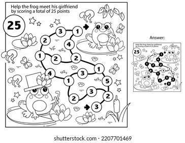 Math addition game. Puzzle for kids. Maze. Coloring Page Outline Of cartoon little frogs. Coloring Book for children.