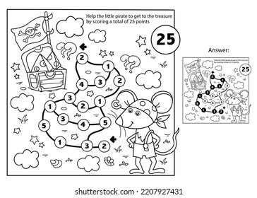 Math addition game. Puzzle for kids. Maze. Coloring Page Outline Of Cartoon little pirate mouse with chest of treasure. Cheese trove. Coloring Book for children.