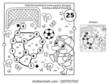 Math addition game. Puzzle for kids. Maze. Coloring Page Outline Of cartoon duck or duckling with soccer ball. Football. Sport. Coloring Book for children.