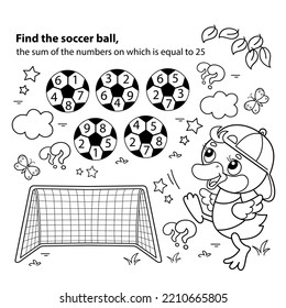 Math addition game. Puzzle for kids. Coloring Page Outline Of cartoon duck or duckling with soccer ball. Football. Sport. Coloring Book for children.