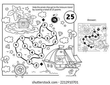 Math addition game. Puzzle for kids. Maze. Coloring Page Outline Of cartoon pirate ship with treasure island. Coloring Book for children.