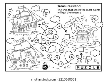 Math addition game. Puzzle for kids. Maze. Coloring Page Outline Of cartoon pirate ships with treasure island. Coloring Book for children.