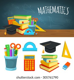 Math backdrop and icons. Education background design. Science colorful vector composition. 