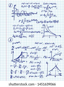 Math background with the equations, figures, schemes, plots and other calculations on notebook page. Handwritten vector retro Illustration.