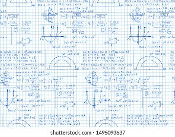Math background with the equations, figures, schemes, plots and other calculations on notebook page. Handwritten vector retro seamless pattern.