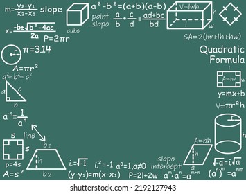 Math Background On Chalkboard. Algebra Formulas, Shapes And Equations