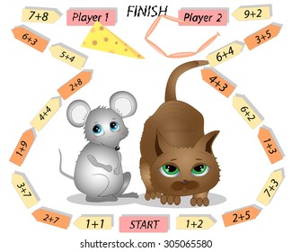 Math Board Games For Children with mouse and cat characters. Mathematical equations