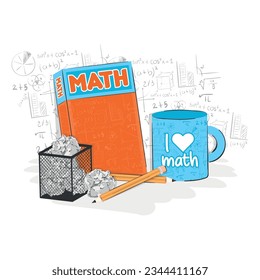 Math book with an empty mug and a recyclable bin School concept Vector illustration