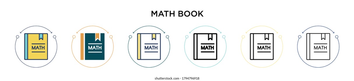 Icono de libro matemático en estilo relleno, delgado, contorno y trazo. Ilustración vectorial de dos diseños de iconos vectoriales de libros matemáticos de color y negro se pueden utilizar para móviles, ui, web