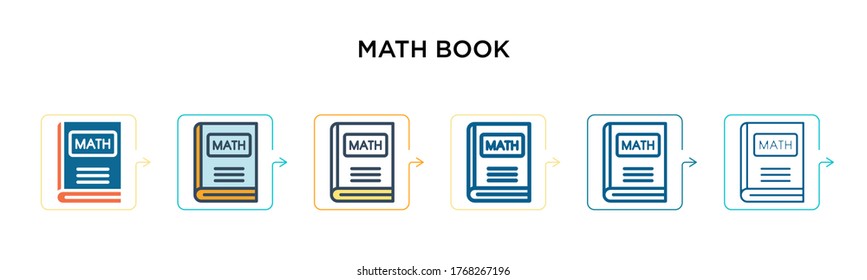 Math book vector icon in 6 different modern styles. Black, two colored math book icons designed in filled, outline, line and stroke style. Vector illustration can be used for web, mobile, ui