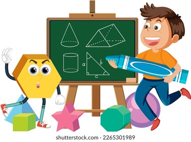 Math boy and chalkboard cartoon illustration