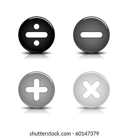 Math calculate symbols web 2.0 buttons. Gray round shapes with shadow and reflection on white background