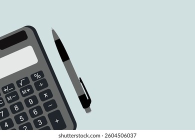 Math calculations, expenses, taxes or investments, flat or top view of black pen with calculator on light blue background table with empty copy space