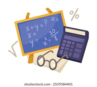 Math Calculator and Chalkboard as School Education Item and Supply Composition Vector Illustration