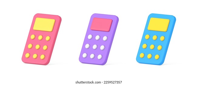 Math calculator device with buttons and display for numbers counting 3d icon set realistic vector illustration. Mathematical budget savings educational business digital equipment financial checking