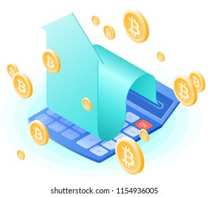 The math calculator, growing arrow, bitcoins gold rain. Flat vector isometric illustration. The finance success, win, profit, mobile banking, blockchain, cyber money, cryptocurrency business concept.