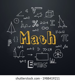 Math chalkboard background in hand drawn style. Round composition with lettering and mathematical symbols and formulas. Education subject. Ideal for school poster, graphic print, banner.