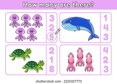Math childish game How many objects. Count sea animals and choose the correct answer. Cartoon sea animals. Vector illustration.