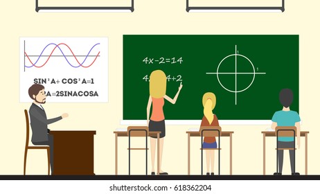 Math in class. Teacher with pupils. Trigonometry at rhe chalkboard.