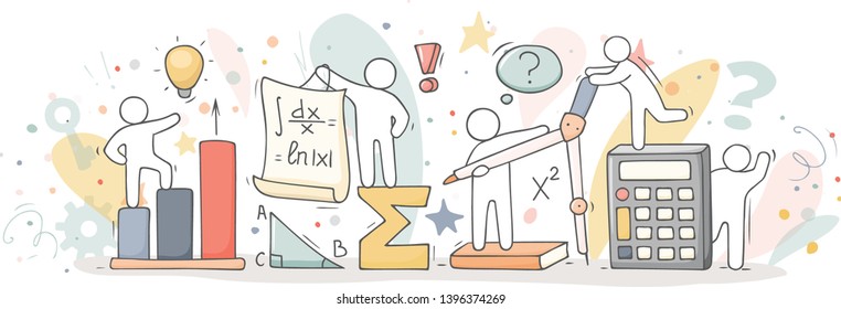 Math class with working little people. Doodle cute miniature of teamwork and science symbols. Hand drawn cartoon vector illustration for school subject design.