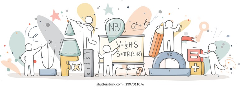 Math class with working little people. Doodle cute miniature of teamwork and science symbols. Hand drawn cartoon vector illustration for school subject design.