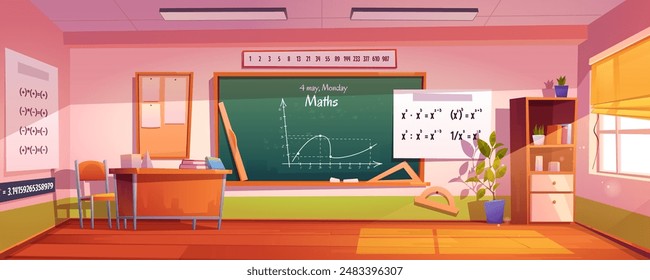 Interior de aula de matemáticas con muebles y equipos. Ilustración de dibujos animados de Vector de la escuela Grande, universidad o sala de la universidad con fórmulas en la pizarra, figuras de geometría en el escritorio, luz solar en la ventana