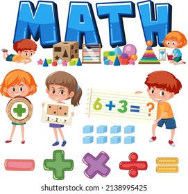 Math classroom objects with supplies and students illustration