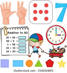 Math classroom objects with supplies and students illustration