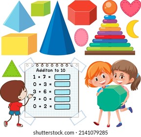 Math classroom objects with supplies and students illustration