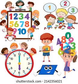 Math classroom objects with supplies and students illustration