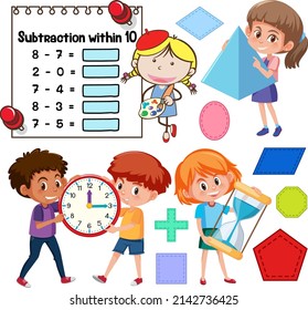 Math classroom objects with supplies and students illustration