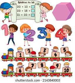 Math classroom objects with supplies and students illustration