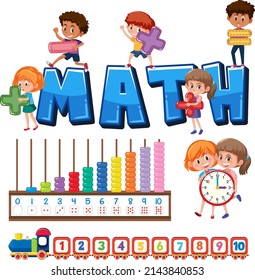 Math classroom objects with supplies and students illustration