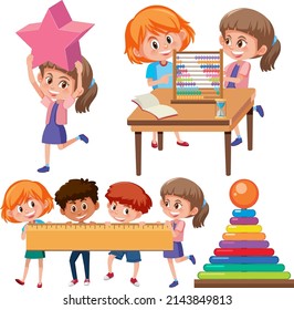 Math classroom objects with supplies and students illustration